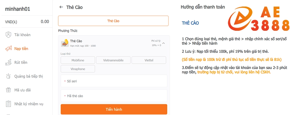 cách hướng dẫn nạp tiền AE3888 bằng thẻ cào điện thoại