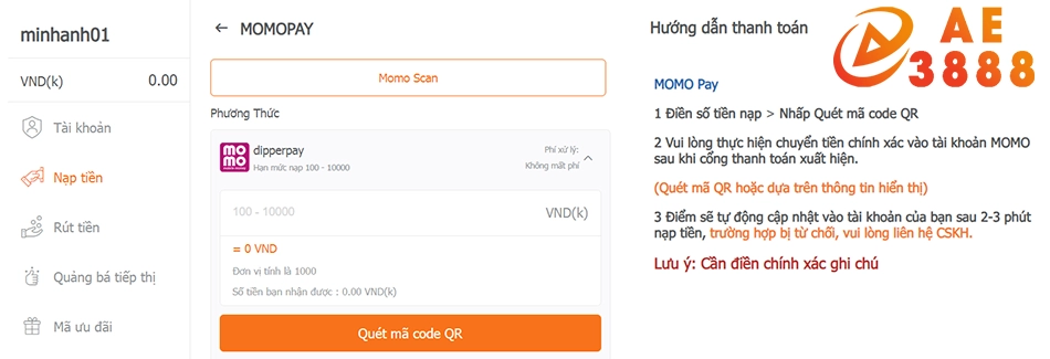 cách hướng dẫn nạp tiền AE3888 bằng ví điện tử