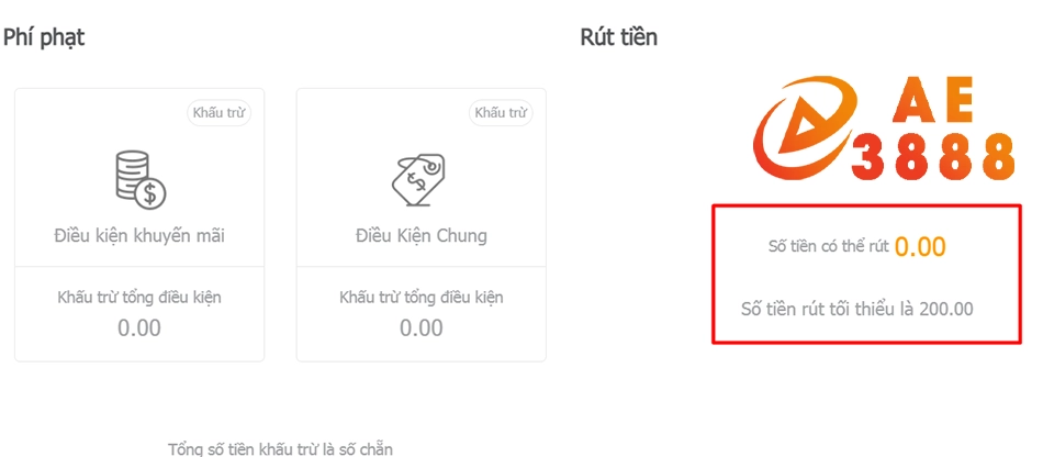 quy định số tiền tối thiểu & tối đa khi rút tiền AE3888